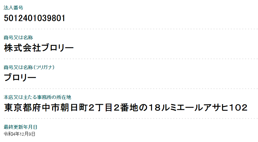 株式会社ブロリー登記情報